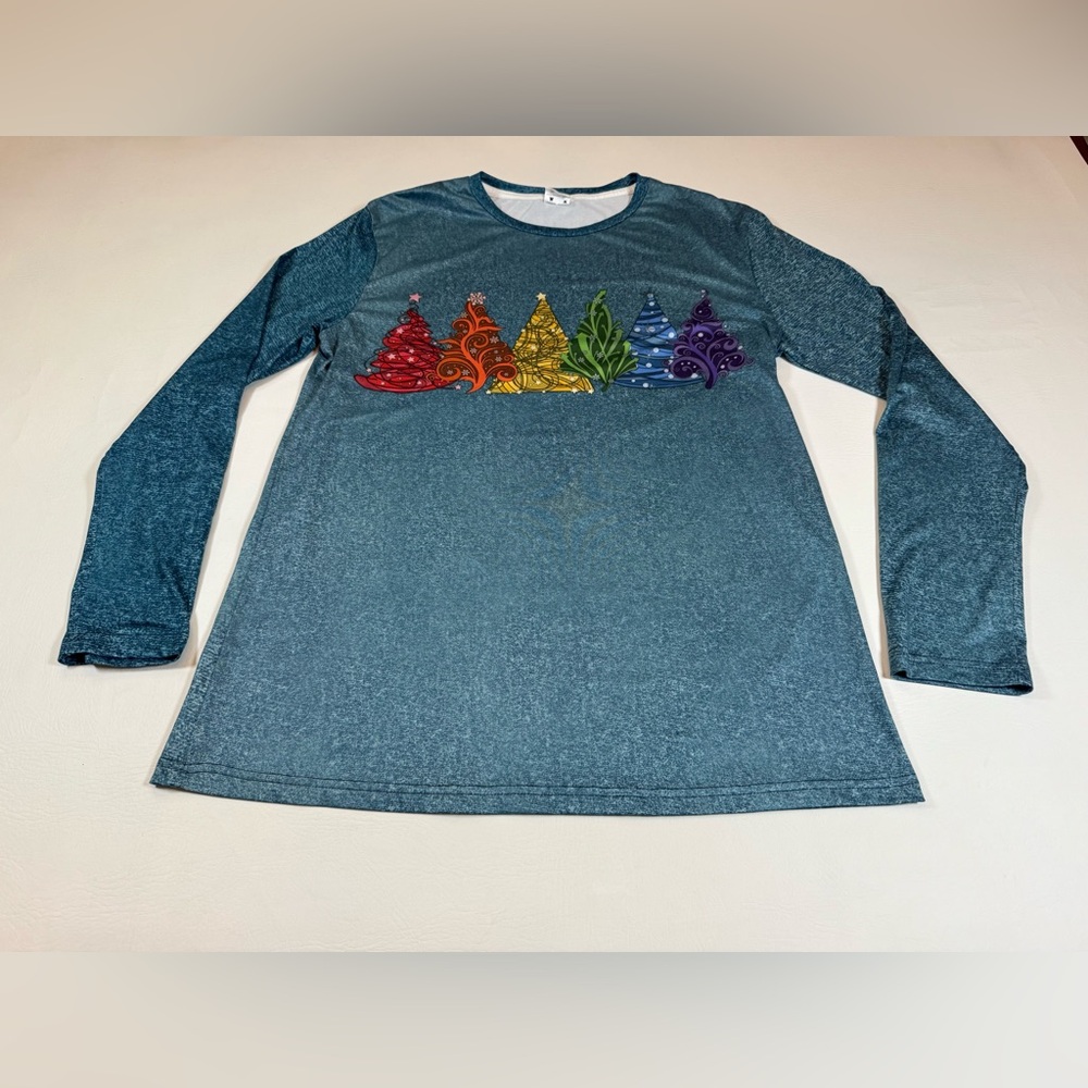Women's Long-sleeved T-shirt Christmas Tree Printed Round Neck large (bin B)